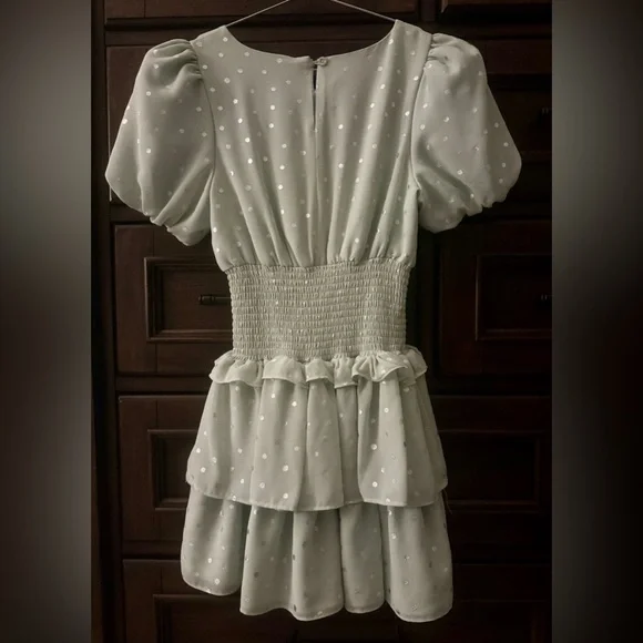 Habitual Girls Light Green w Silver Polka Dot Puff Sleeve Dress - Size 12 - NWOT - Picture 4 of 7